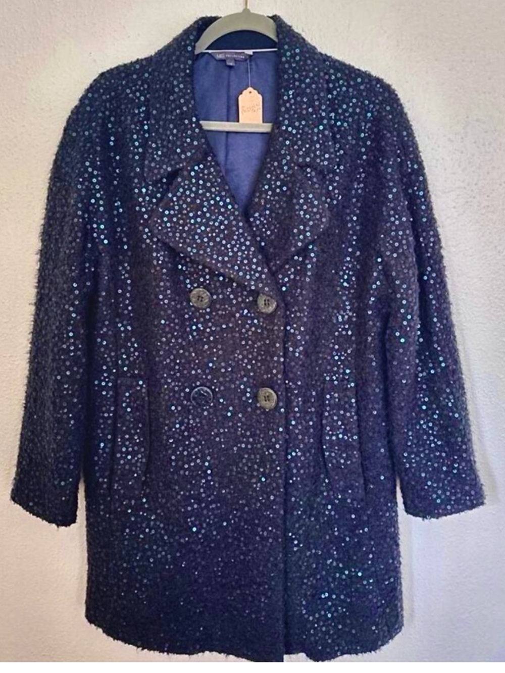 Boucle Double Breasted Iridescent Midnight Navy Sequin pea Coat Jacket - Medium